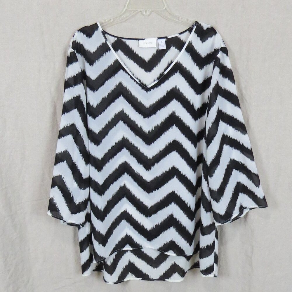 Chico's Black and White Chevron Top SIZE 4 (XXL) Sheer, Lightweight